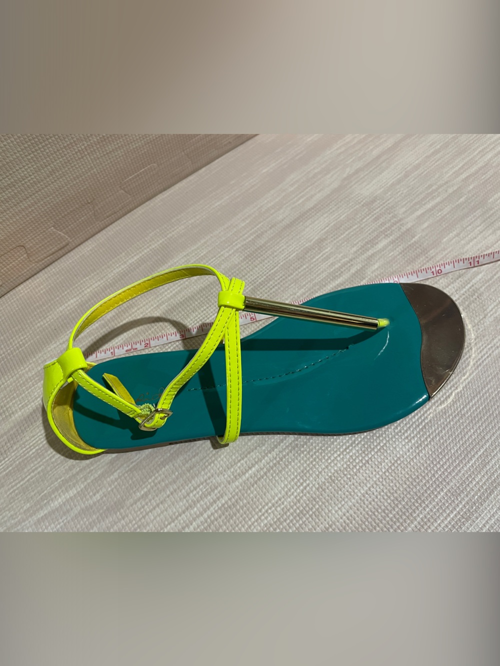 Qupid Neon Yellow and Teal Strappy Flat Sandals - Picture 7 of 8